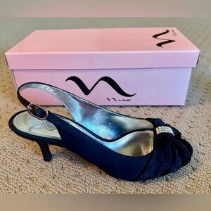 Nina Black Satin Slingback Heels with Rhinestone Accent